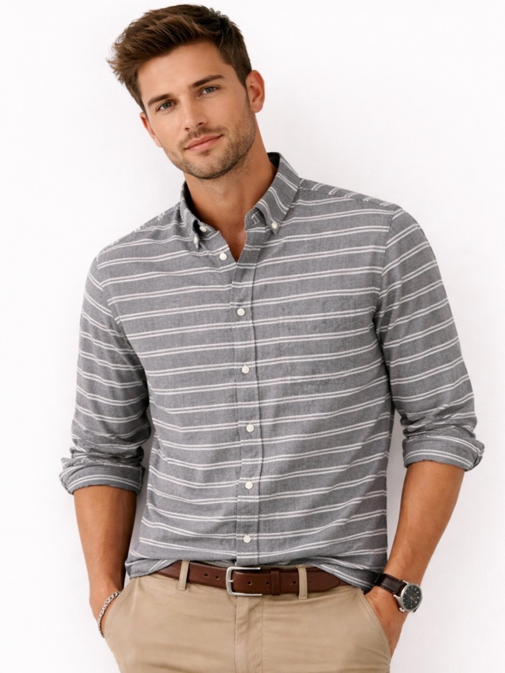 ⭐️ Club Monaco ($118) Cotton Grey/White Striped Button Down Shirt - PTP 23